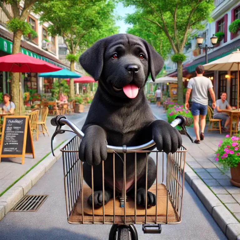 Black Lab Mastiff mix puppy riding in a bicycle basket through a vibrant city street