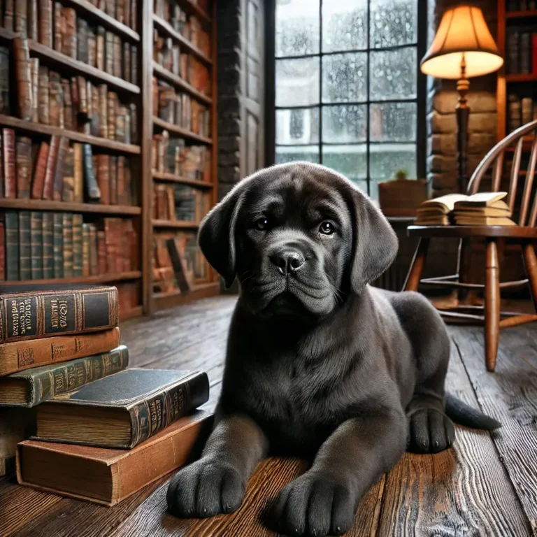 Mastiff Lab mix puppy sitting inside a rustic bookstore