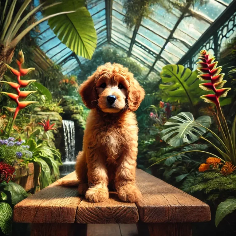 English Mastiff Poodle mix puppy sitting on a wooden bench in a botanical garden