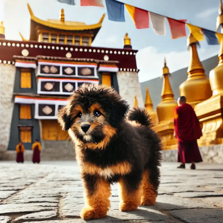 Tibetan Mastiff Poodle mix puppy exploring an ancient temple courtyard in Tibet