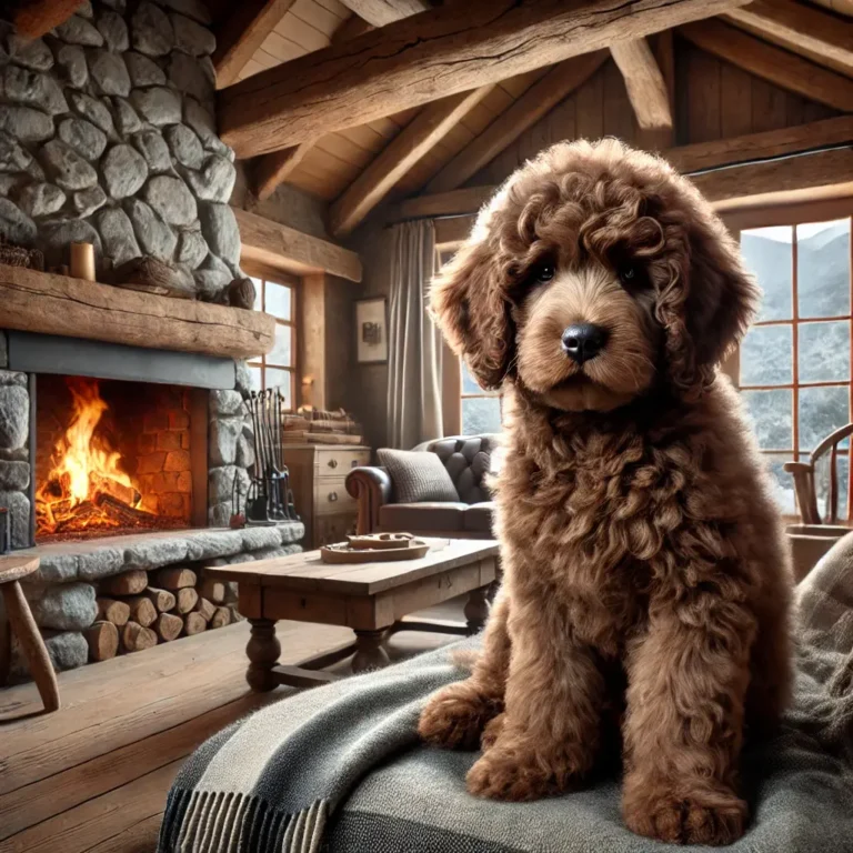 Mastiff Poodle mix puppy sitting inside a cozy mountain lodge