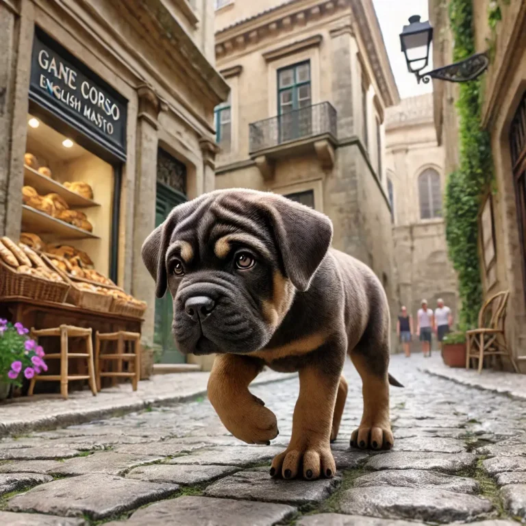 Cane Corso English Mastiff mix puppy exploring an old European cobblestone street