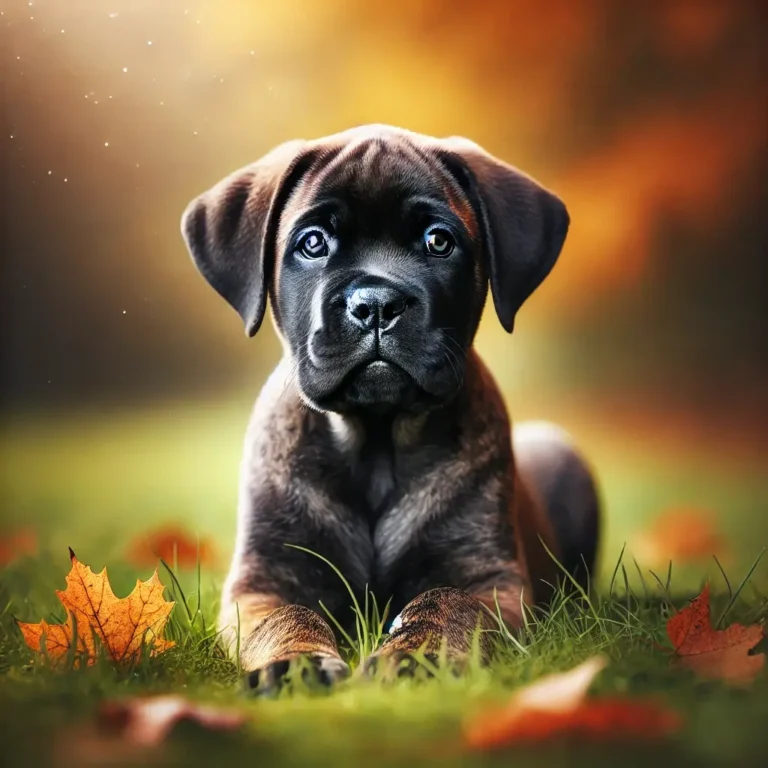 Cane Corso Mastiff mix puppy. The puppy is sitting in a grassy park with autumn leaves scattered around