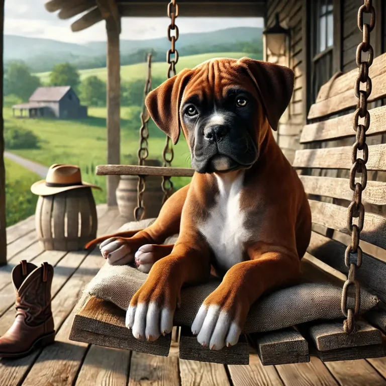 Boxer Mastiff Pitbull mix puppy resting on a porch swing of a country farmhouse
