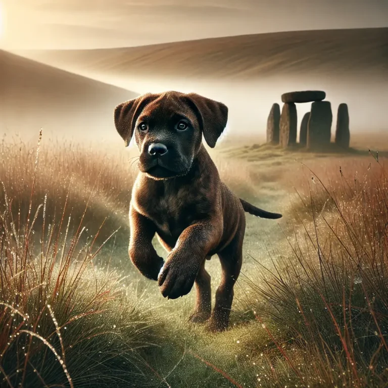 English Mastiff Pitbull mix puppy running through a misty moor at dawn