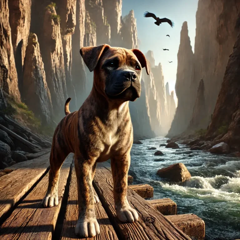 Pitbull Mastiff mix puppy standing on a wooden bridge over a rushing river in a deep canyon