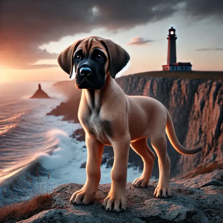English Mastiff Great Dane mix puppy standing on a cliffside overlooking the ocean at sunset