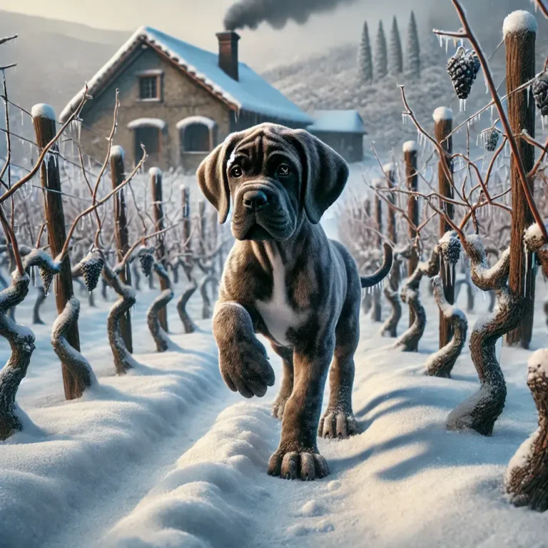 Great Dane Mastiff mix puppy playing in a snow-covered vineyard in winter