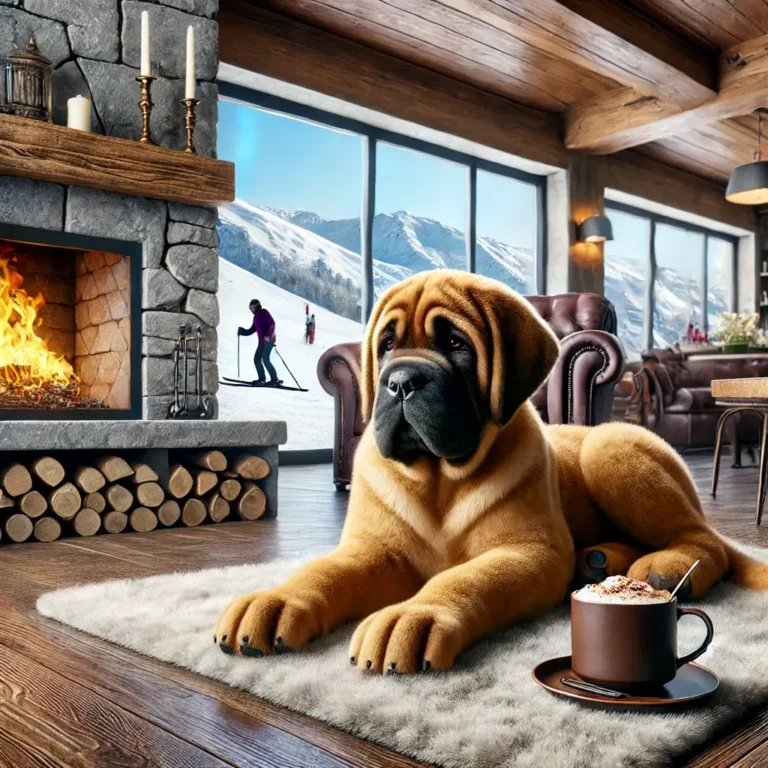 Mastiff big dog puppy resting in a luxury ski resort lounge