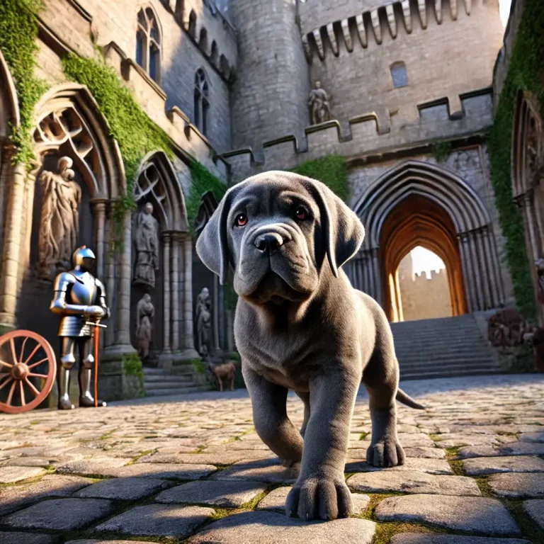 Grey Mastiff puppy exploring a historic European castle courtyard