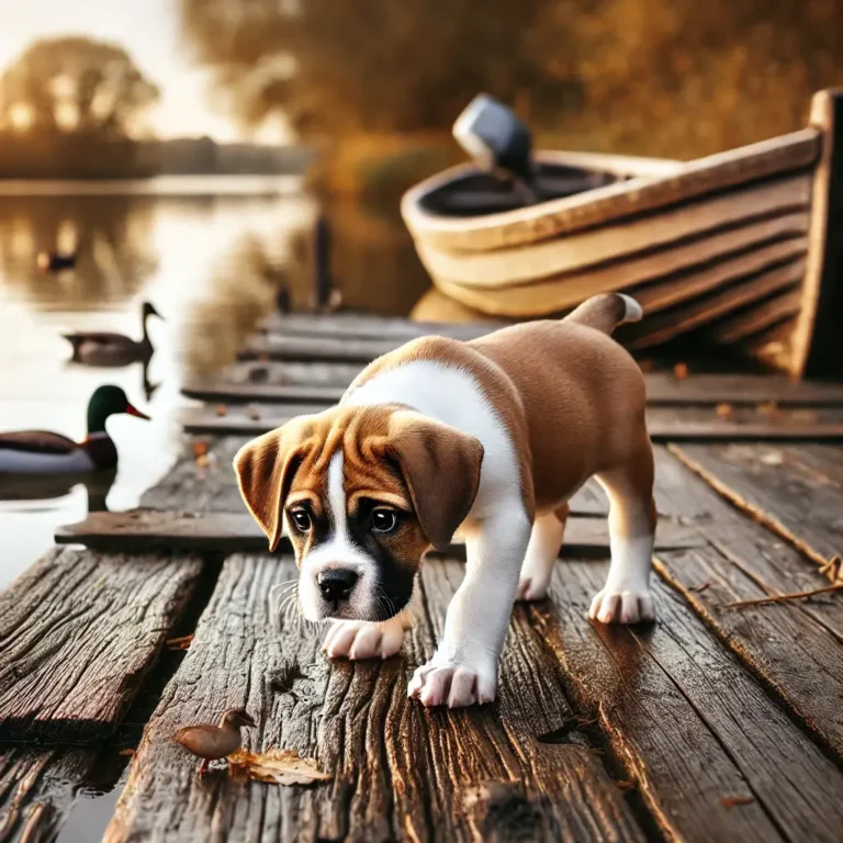 American Bulldog Mastiff mix puppy exploring a rustic wooden pier by a quiet lake