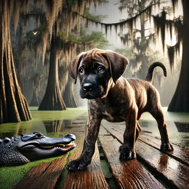 American Bandogge Mastiff mix puppy standing on a wooden boardwalk in the middle of a swamp