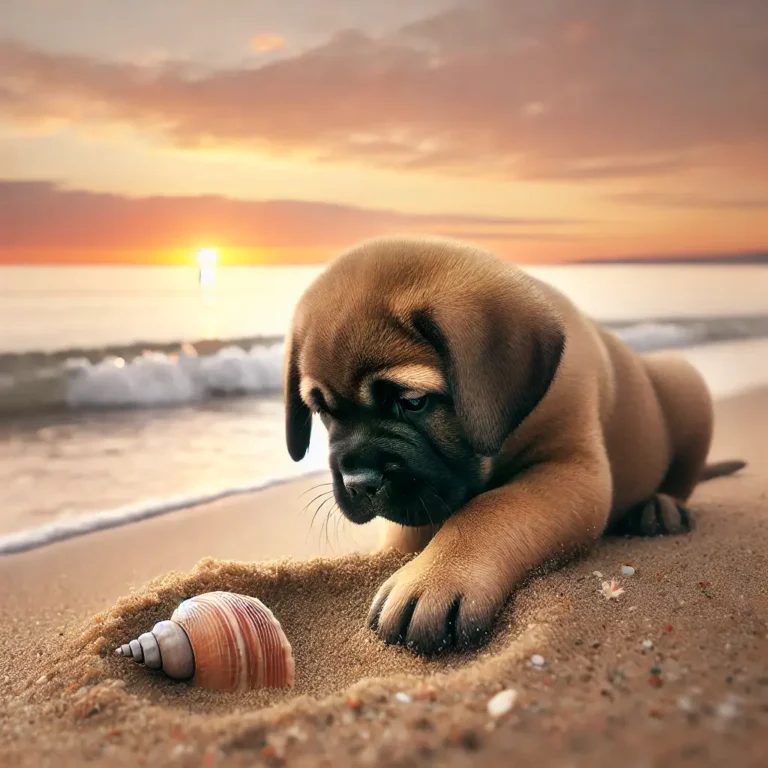 North American Mastiff puppy on a sandy beach during sunrise.