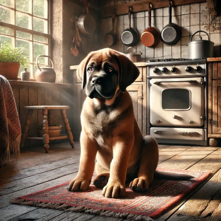 American Mastiff puppy sitting inside a rustic farmhouse kitchen