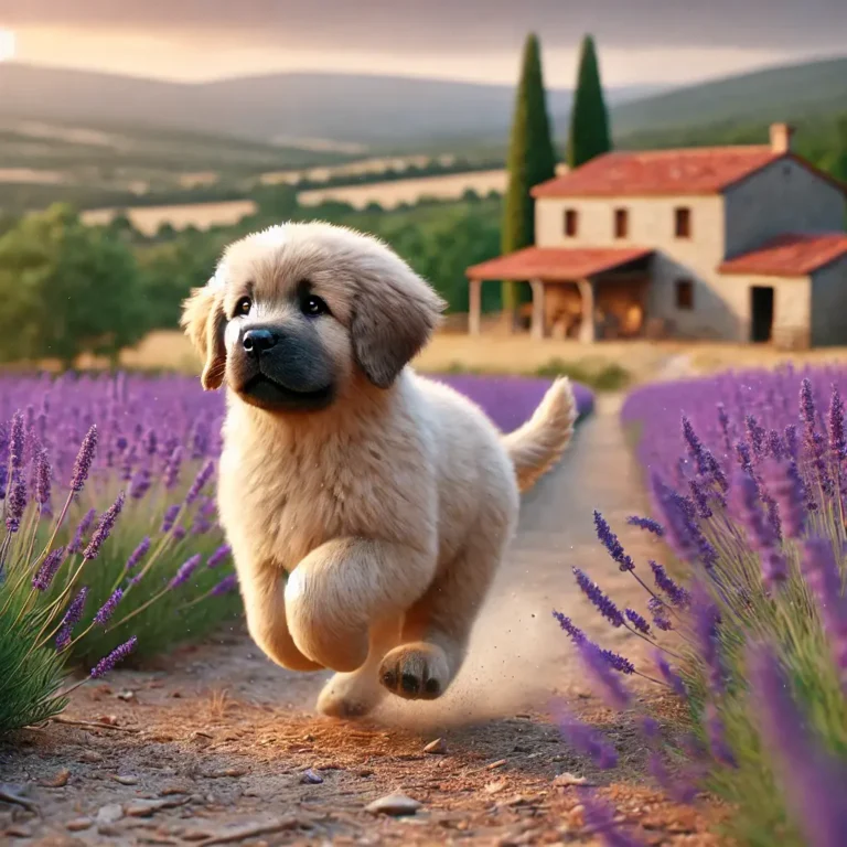 Spanish Mastiff puppy running through a field of lavender in the countryside