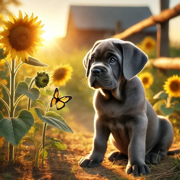 Blue French Mastiff puppy sitting in a sunflower field during late afternoon