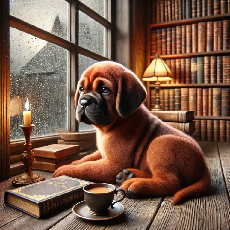 French Mastiff puppy resting in a cozy bookstore on a rainy afternoon
