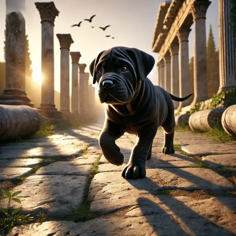 Cane Corso Italian Mastiff puppy exploring an ancient Roman ruin at sunrise