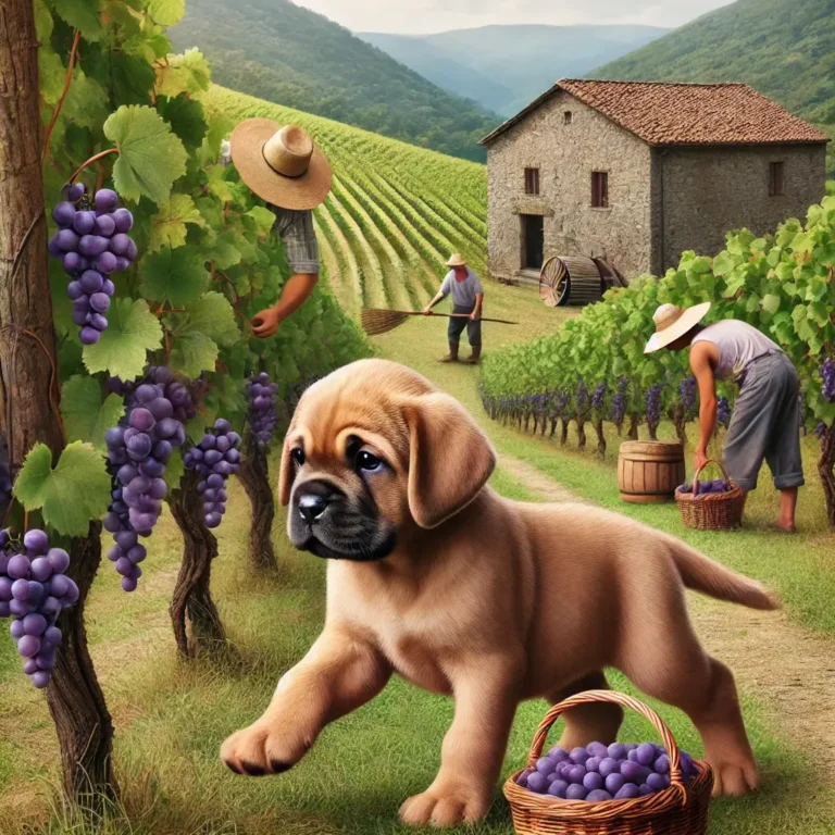 Italian Mastiff puppy playing in a vineyard during harvest season