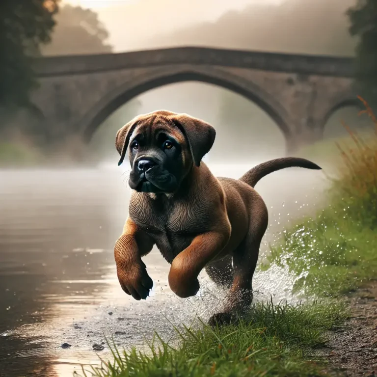 English Bull Mastiff puppy running along a foggy riverbank at dawn