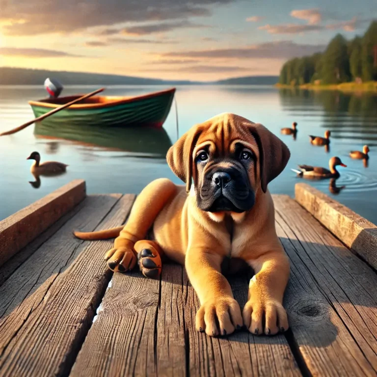 Bull Mastiff puppy resting on a wooden fishing dock by a peaceful lake