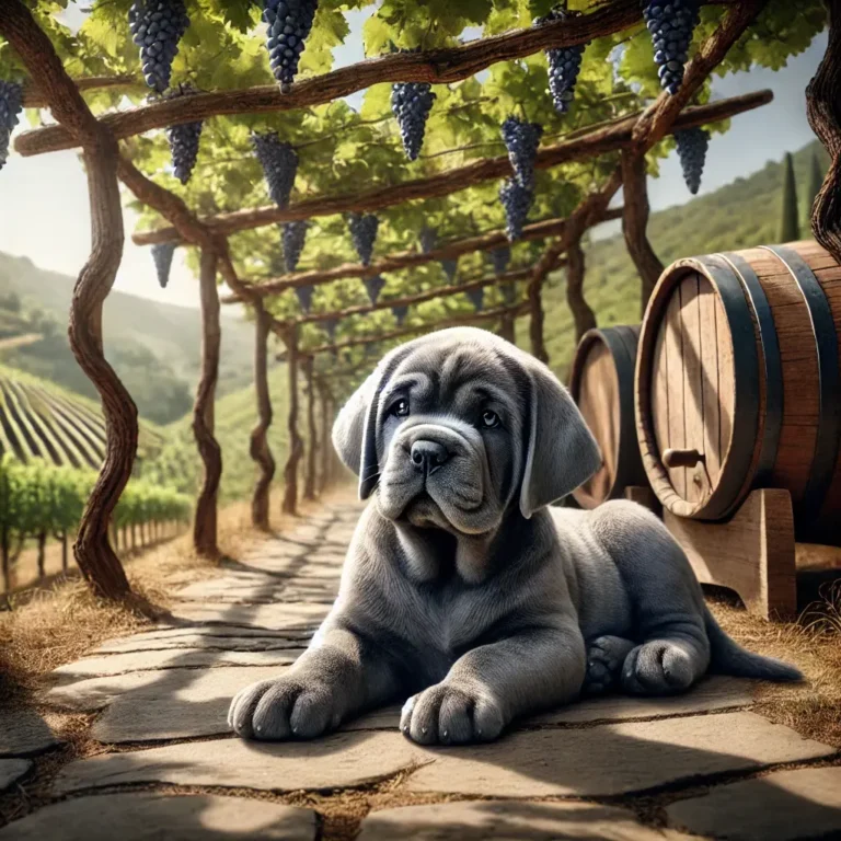 Blue Neapolitan Mastiff puppy resting under a grapevine pergola in a Tuscan vineyard