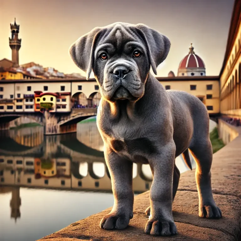 Cane Corso Neapolitan Mastiff puppy standing on a historic stone bridge in Florence