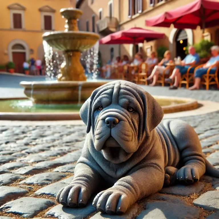 Neapolitan Mastiff puppy resting on a warm cobblestone street in a historic Italian town square