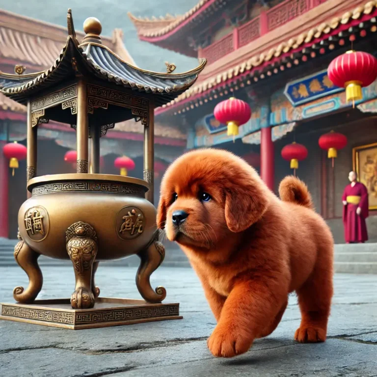 Red Chinese Tibetan Mastiff puppy exploring an ancient Chinese temple courtyard