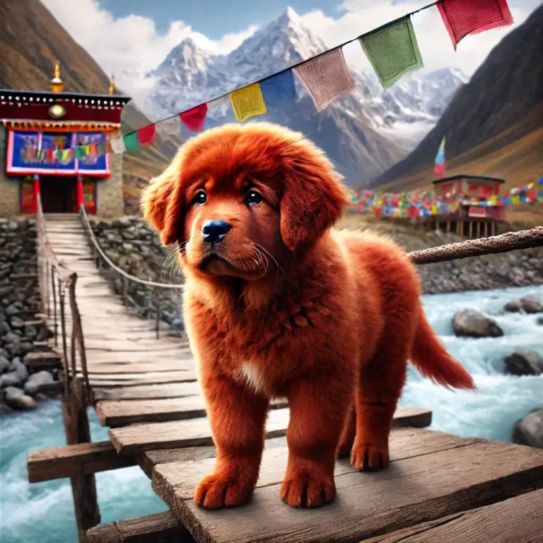 Red Tibetan Mastiff puppy standing on a wooden bridge in a remote Himalayan village