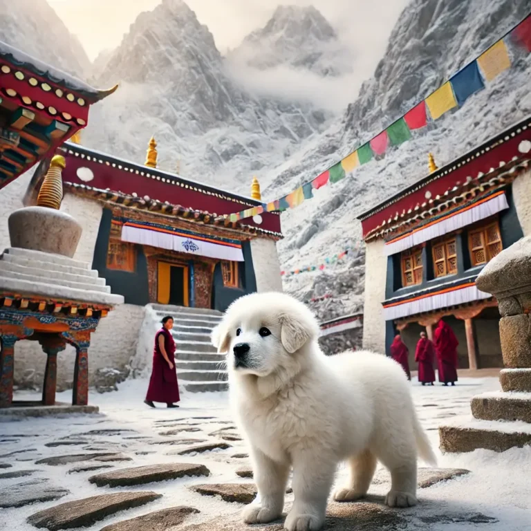 White Giant Tibetan Mastiff puppy standing in a snowy monastery courtyard in the Himalayas