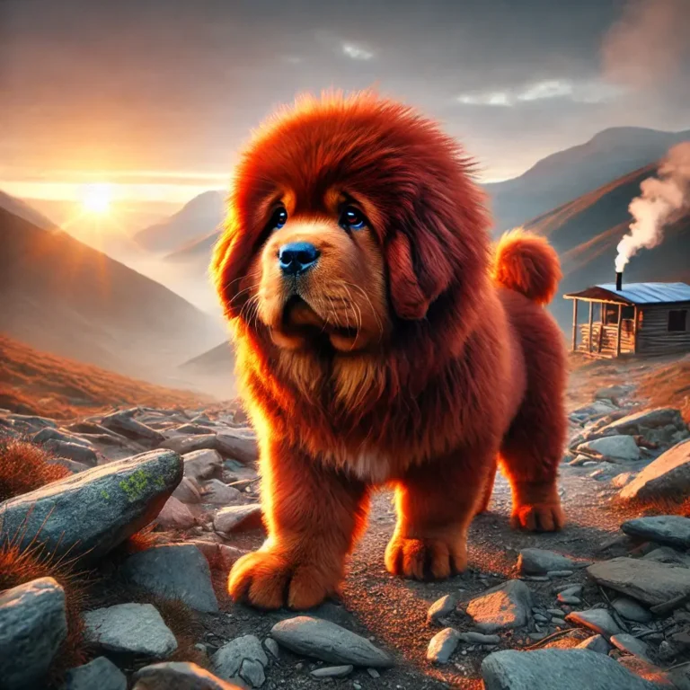 Red Lion Tibetan Mastiff puppy standing on a rocky mountain trail at dawn