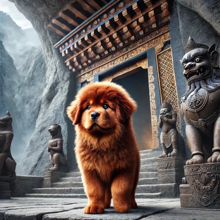 Tibetan Mastiff Lion Dog puppy standing at the entrance of an ancient temple carved into a mountainside