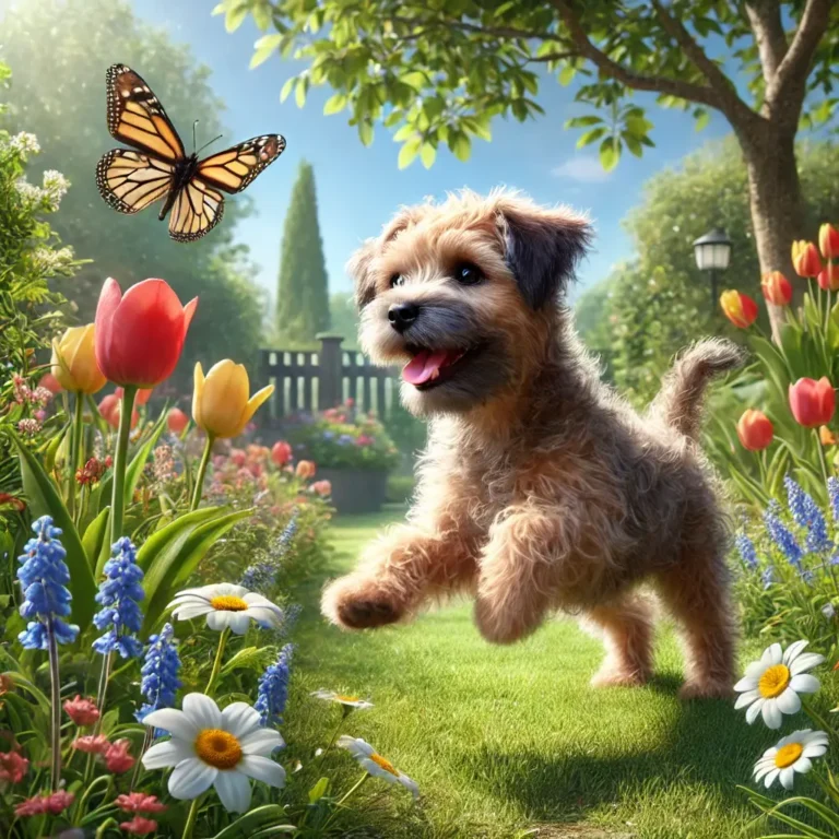 Border Terrier mixed with a Poodle puppy playing in a lush flower garden