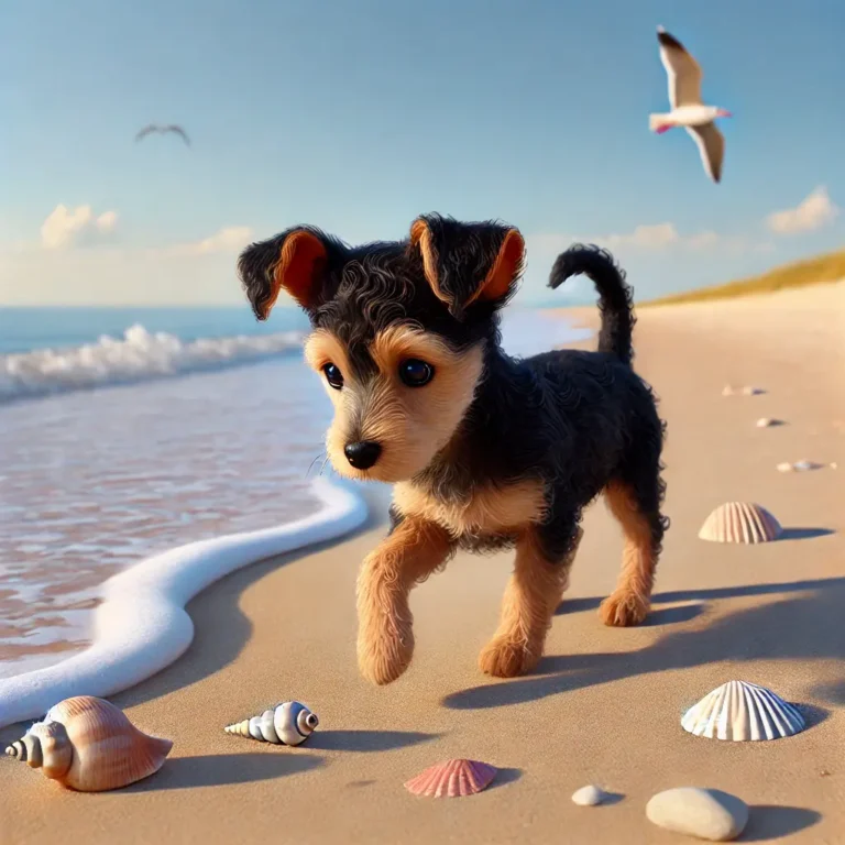 Rat Terrier mixed with a Poodle puppy exploring a sandy beach