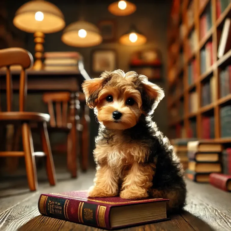 Yorkshire Terrier Poodle mix puppy sitting inside a cozy bookstore