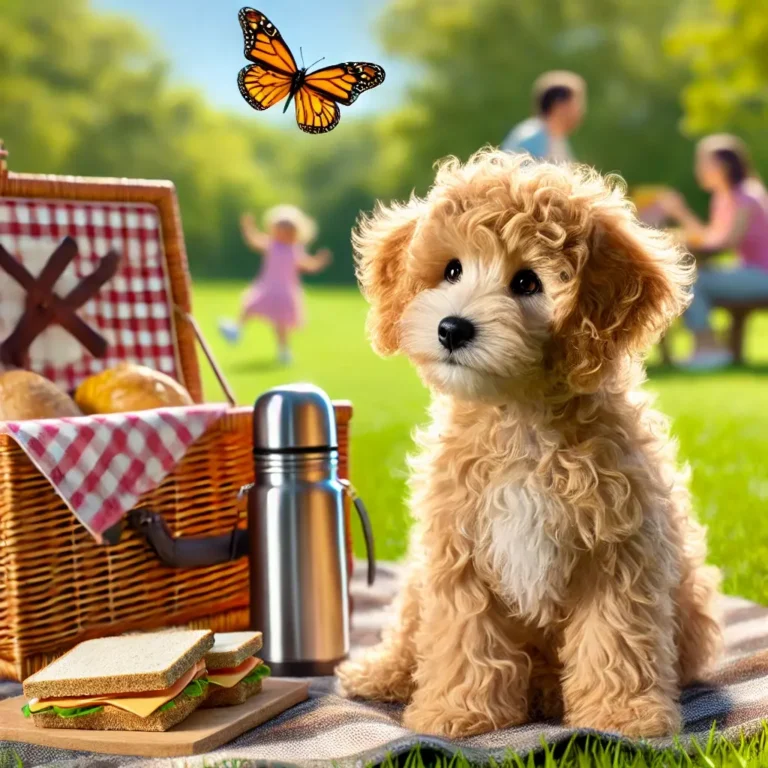 Poodle mix Terrier puppy sitting on a picnic blanket in a sunny park