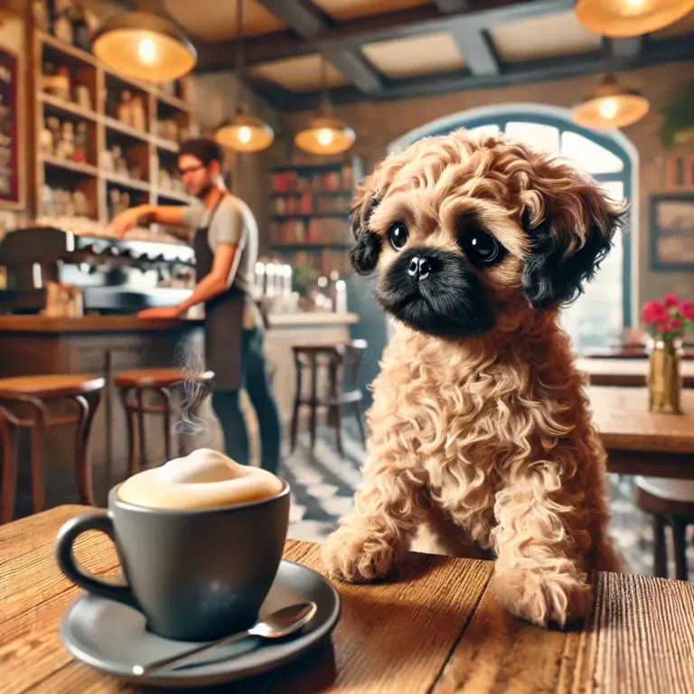 Pug Poodle mix puppy sitting inside a cozy café