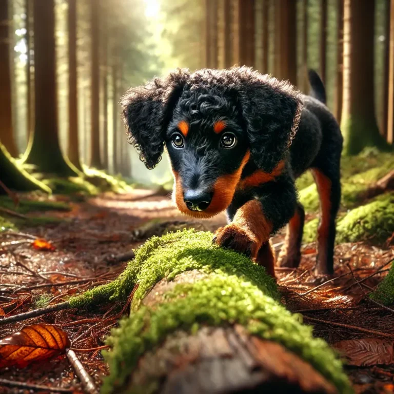 Doberman Pinscher Poodle mix puppy exploring a forest trail