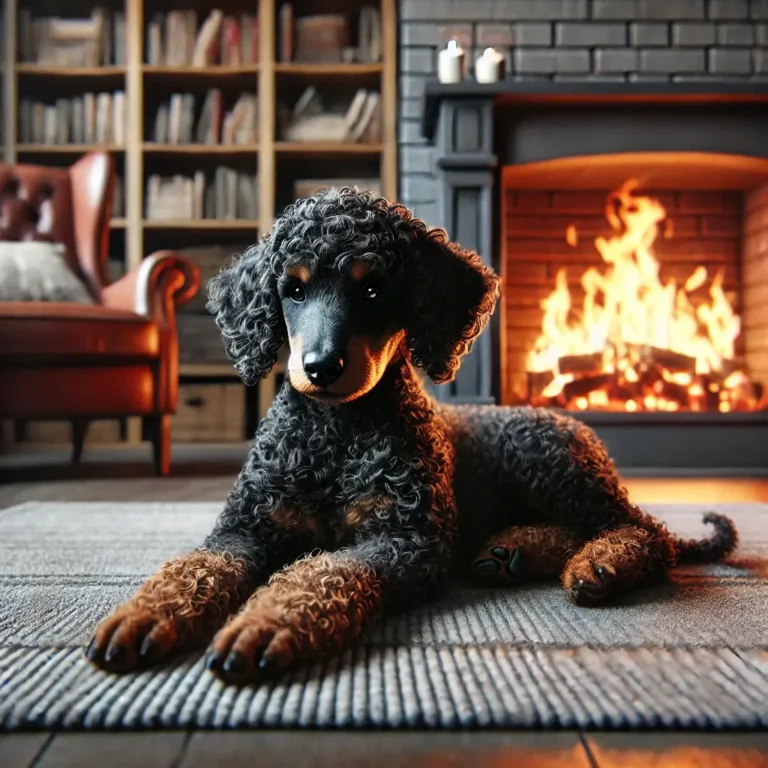 Doberman Poodle mix puppy inside a cozy living room