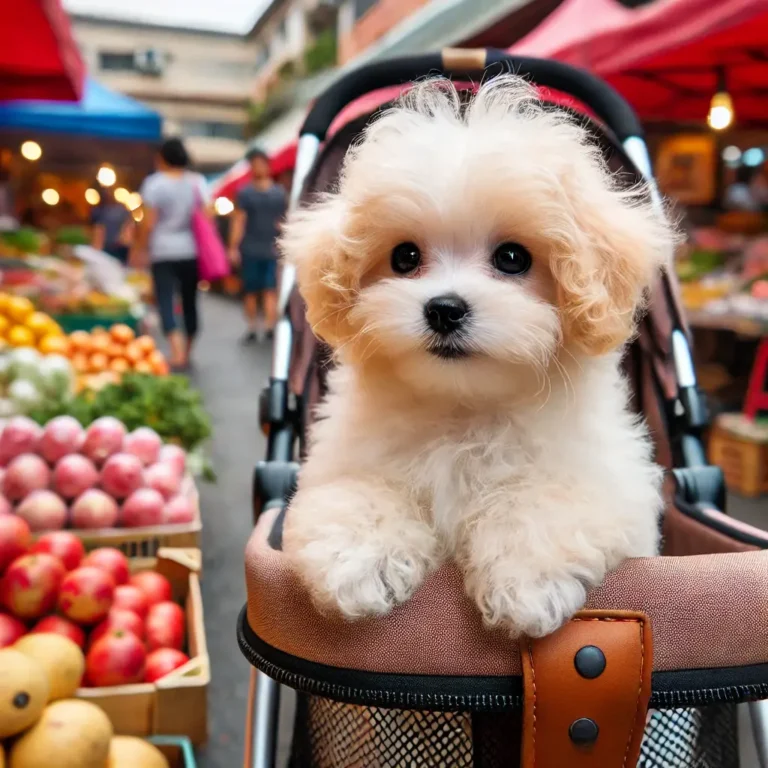 Maltese Poodle Chihuahua mix puppy riding in a pet stroller at an outdoor market