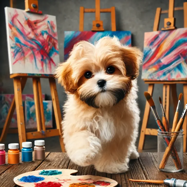 Shih Tzu Maltese Poodle mix puppy sitting inside a colorful art studio