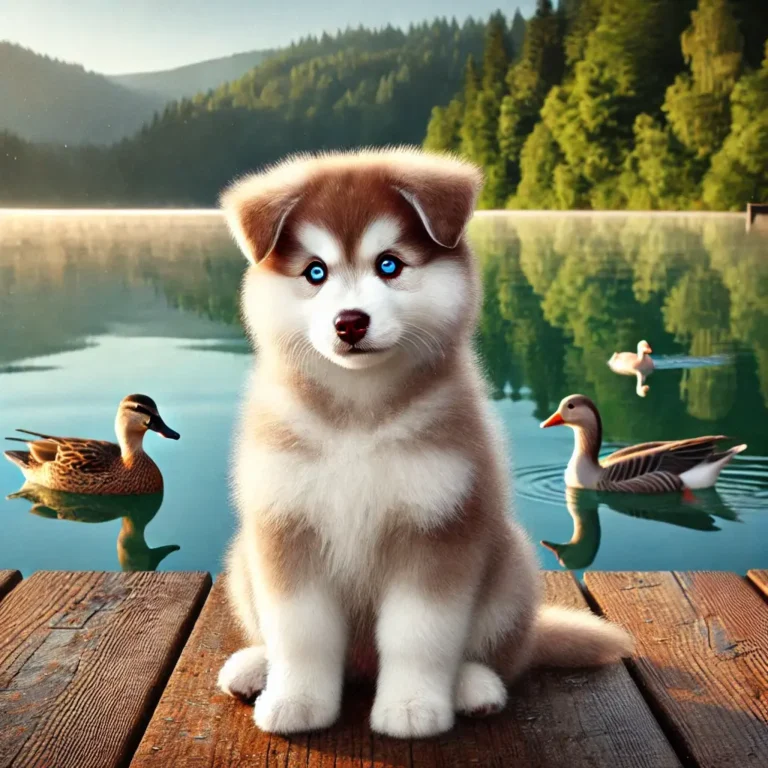 Siberian Husky Poodle mix puppy sitting on a dock by a peaceful lake
