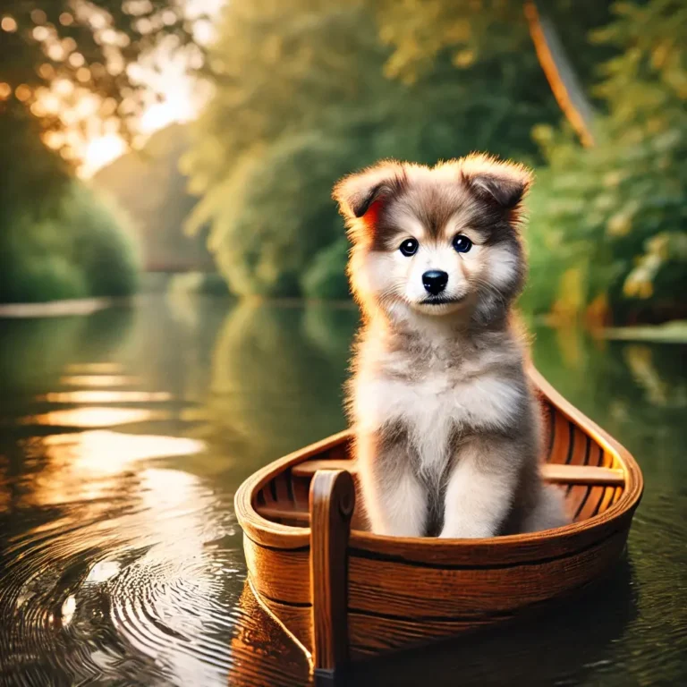 Husky Poodle mix puppy sitting in a small wooden canoe floating on a calm river
