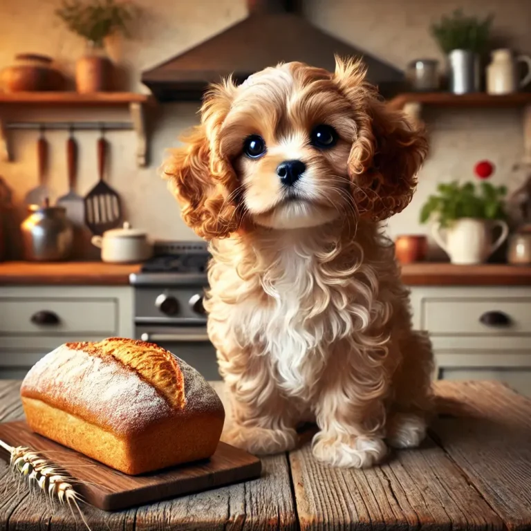 Cavalier King Charles Spaniel Poodle mix puppy sitting in a cozy farmhouse kitchen