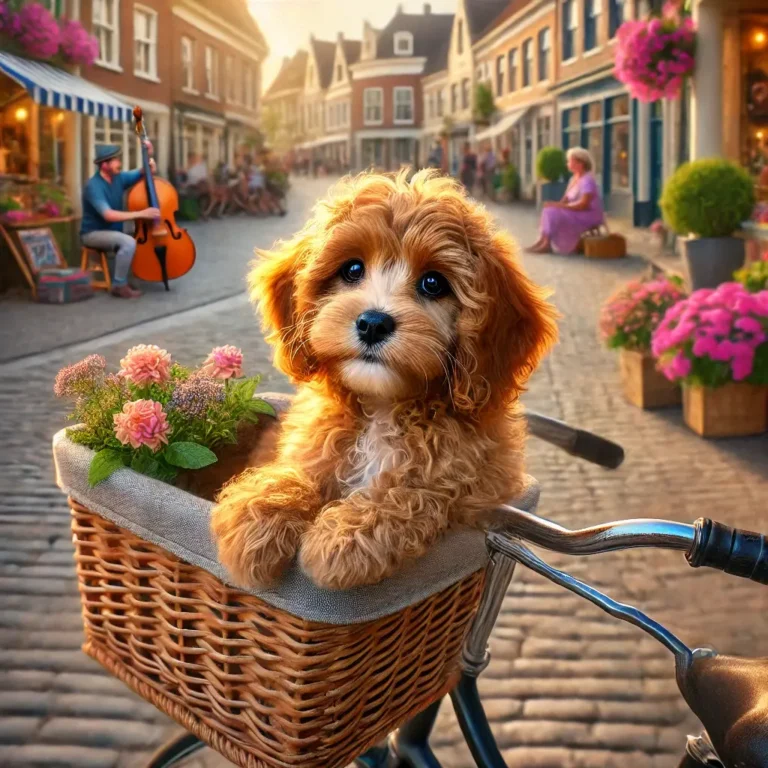 Cavalier Poodle mix puppy sitting in a bicycle basket