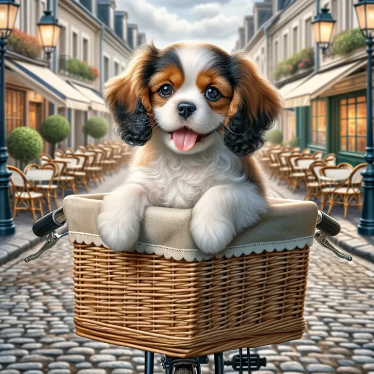 King Charles Spaniel Poodle mix puppy riding in a wicker basket on the front of a vintage bicycle