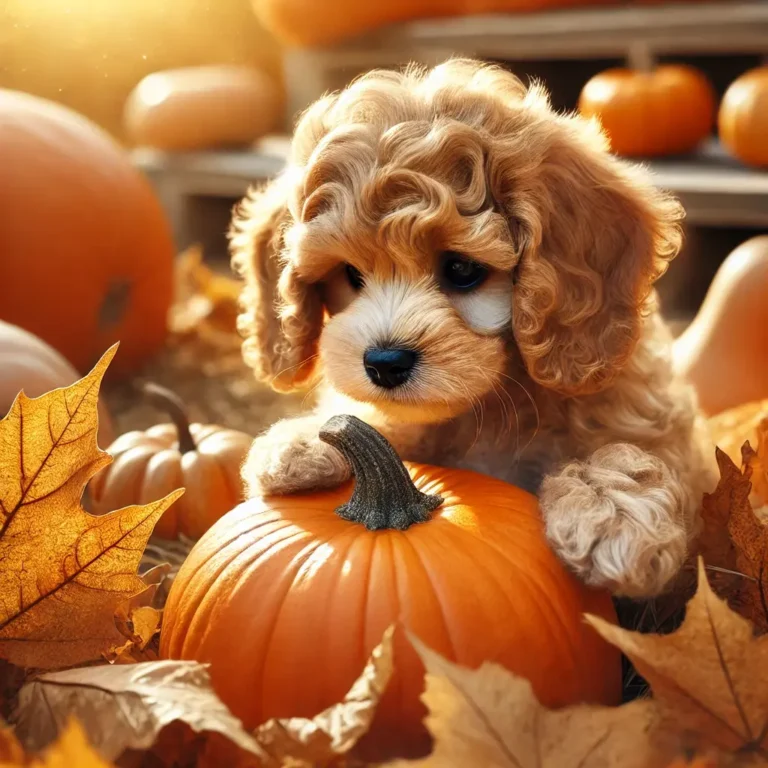 Cocker Spaniel Poodle mix puppy playing in a pumpkin patch during autumn