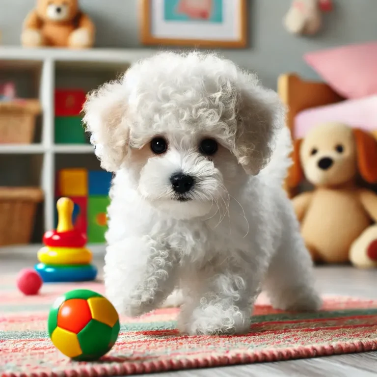 Bichon Frise Miniature Poodle mix puppy playing in a children's playroom