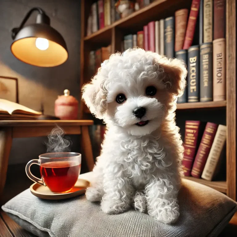 Toy Poodle Bichon mix puppy sitting inside a cozy reading nook